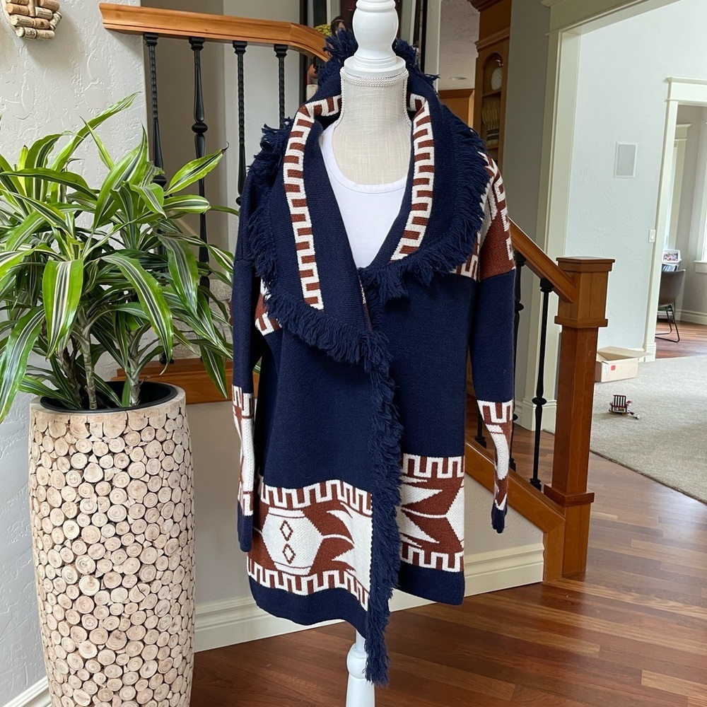 Cocogio Womens Navy Blue‎ Aztec Print Fringe Wool Blend Long Cardigan  New!